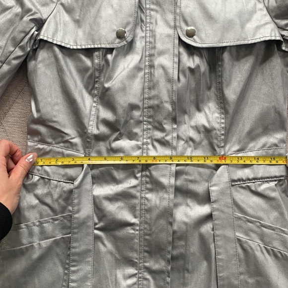 Tally Weir Y2K Metallic Silver Chrome Zip up Trench Coat with a waist tie - Picture 8 of 12